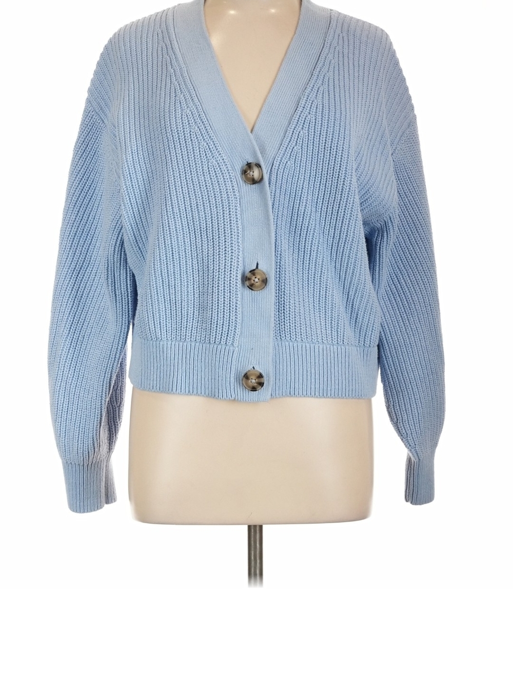 H&M Light Blue V-Neck Button-Front Rib Knit Cardigan